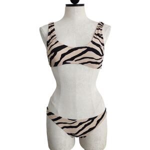 Cabana del Sol Zebra Print Bikini Set Beige & Black Two Piece Swimsuit Size S